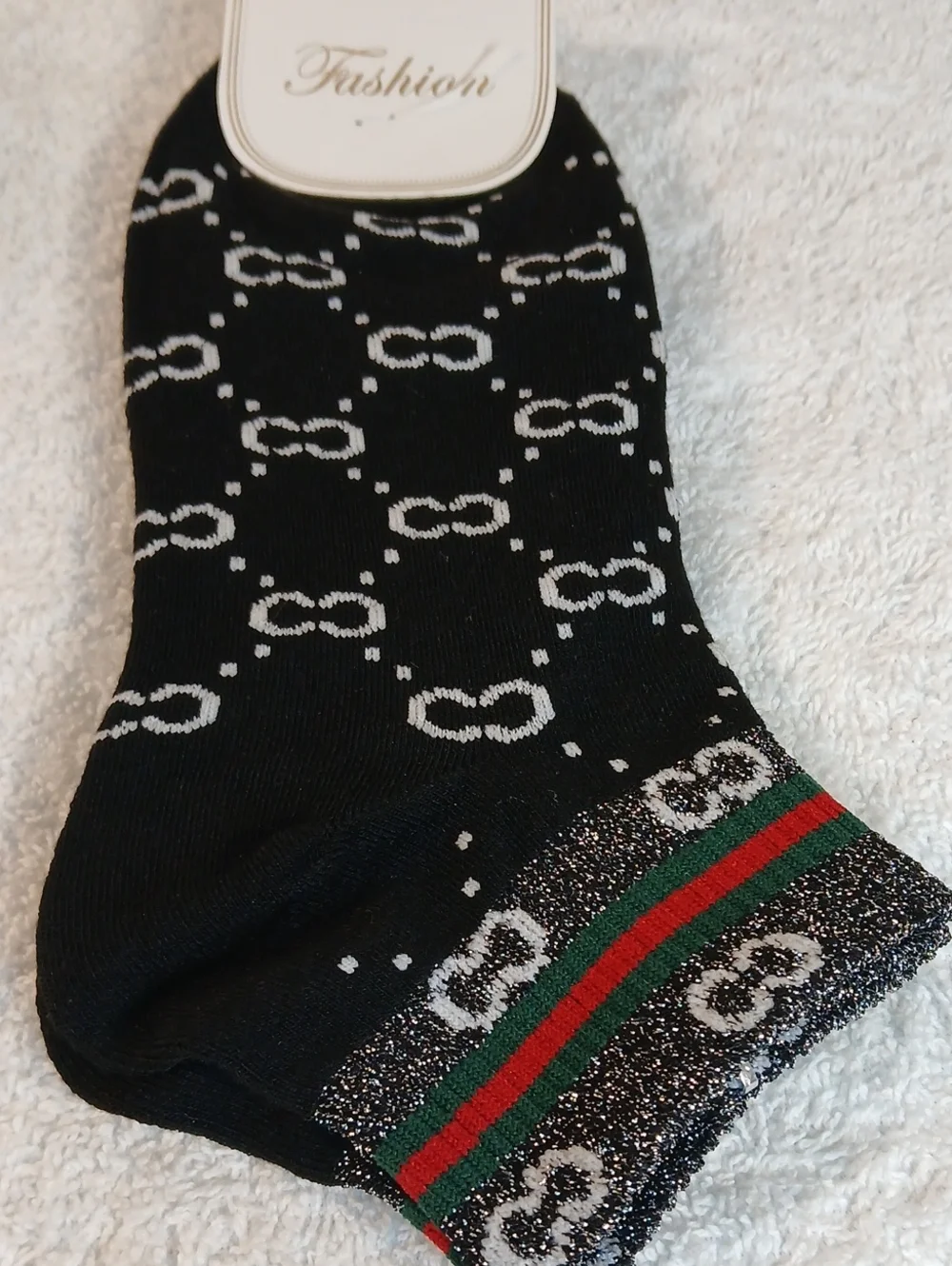 Black Ankle Socks with White Pattern and Green-Red Accent